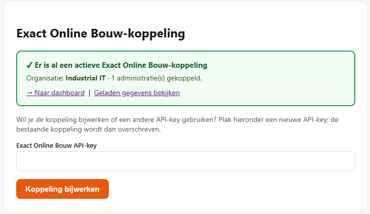 Het koppelscherm van Bouw Botje met de groene melding: Er is al een actieve Exact Online Bouw-koppeling, organisatie en aantal administraties