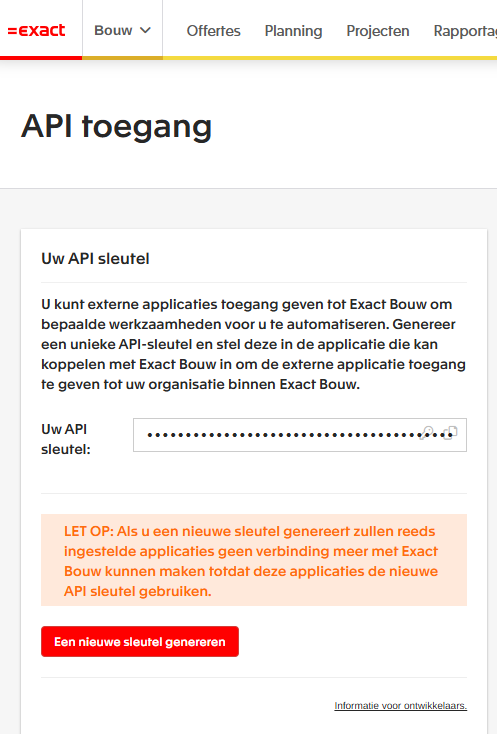 De pagina API toegang in Exact Online Bouw, met het veld Uw API sleutel en de rode knop Een nieuwe sleutel genereren